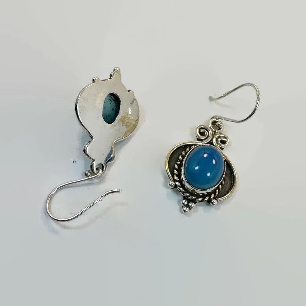 Chalcedony Earrings, Sterling Silver, Pierced, Blue Stone, Dangle, Ear Wire